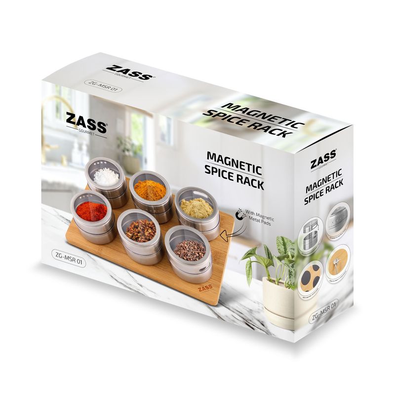Casa si Gradina - Bucatarie si vesela - Ustensile bucatarie - Rasnite si dozatoare condimente - Set Recipiente condimente cu suport magnetic, 7 piese ZASS Gourmet ZG-MSR 01, 6.3 x 4 cm, 100 ml, Argintiu - Infinity.ro
