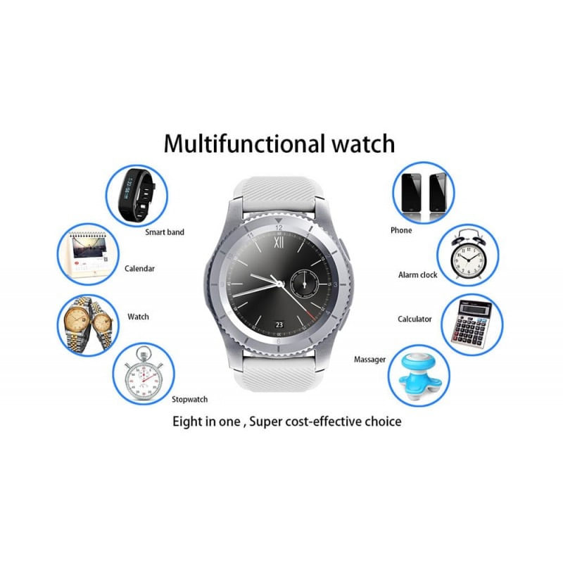 Laptop, Telefoane si Tablete - Wearables si gadgeturi - Wearables - Smartwatch-uri - Ceas Smartwatch Techstar® DT No.1 G8, MTK2502, Bluetooth 4.0, SIM, Notificari, Monitorizare Puls, Culoare Alb - Infinity.ro