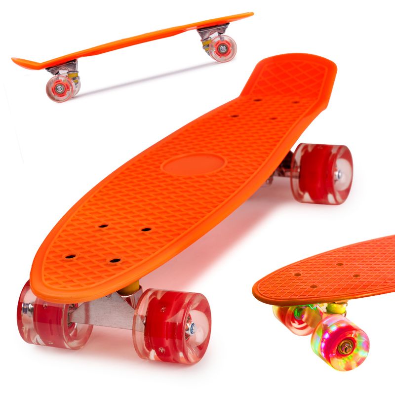 Sport si Outdoor - Role, trotinete si skateboard - Placi de rulat - Skateboard - Skateboard Penny Board pentru copii cu roti din cauciuc, iluminate LED, culoare Orange - Infinity.ro