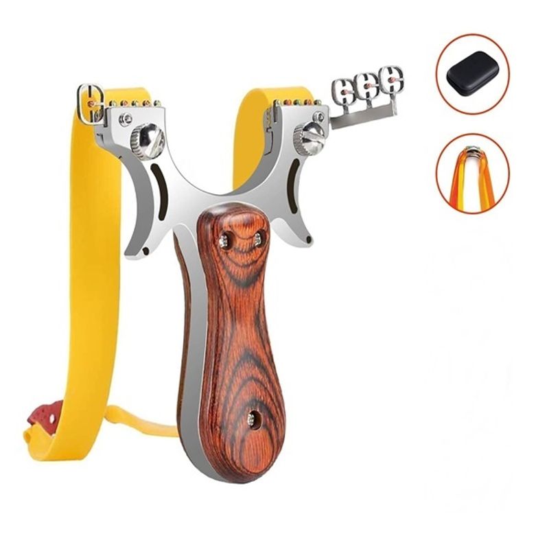 Sport si Outdoor - Camping - Accesorii camping si drumetii - Prastie cu laser, metalic, 12 cm, boloboc, maner lemn, maro, husa inclusa - Infinity.ro