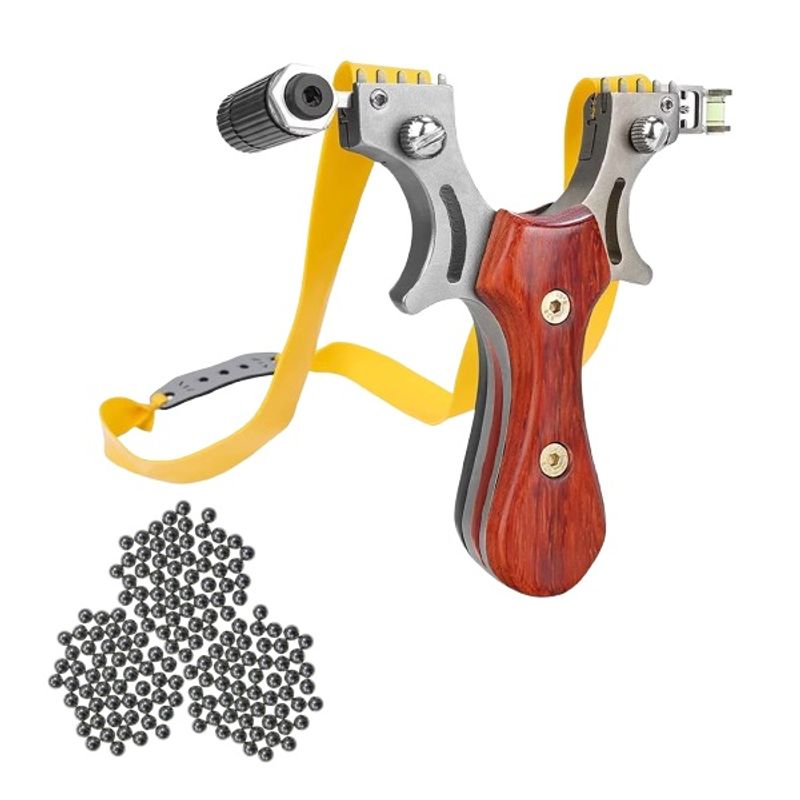 Sport si Outdoor - Camping - Accesorii camping si drumetii - Prastie cu laser, metalic, 12 cm, boloboc, maner lemn, maro, husa inclusa - Infinity.ro