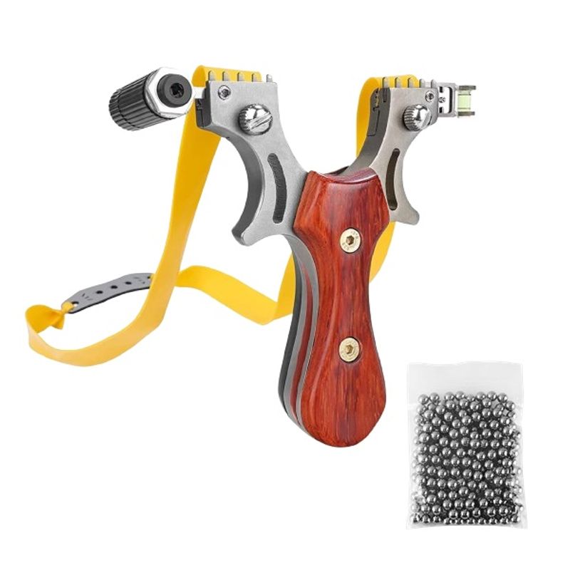 Sport si Outdoor - Camping - Accesorii camping si drumetii - Prastie cu laser, metalic, 12 cm, boloboc, maner lemn, maro, husa inclusa - Infinity.ro