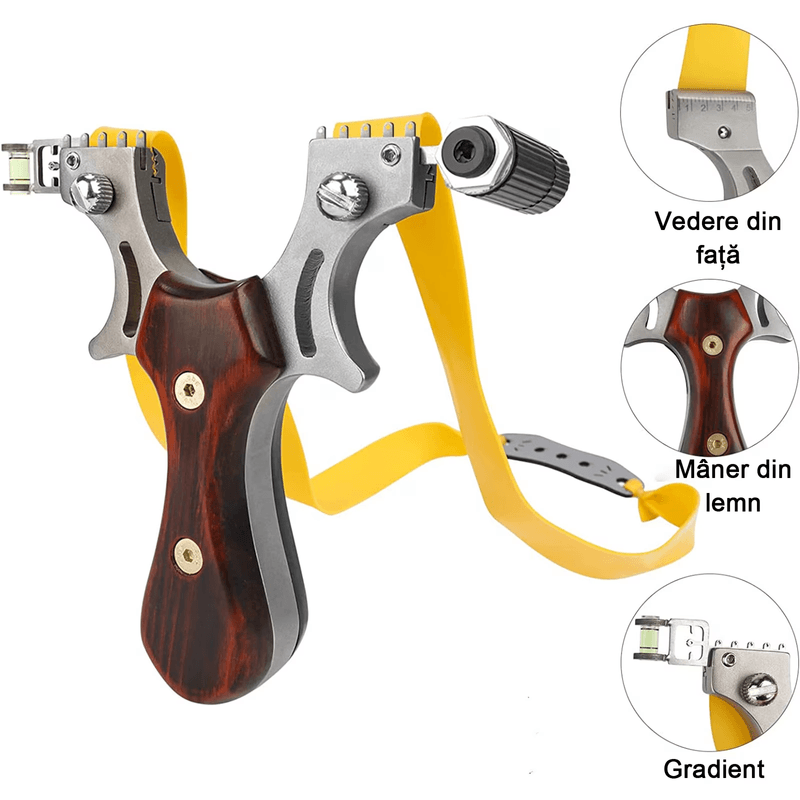 Sport si Outdoor - Accesorii si echipamente sportive - Sporturi de precizie - Set prastie cu laser si 100 bile metalice, 11.5 cm, boloboc, maner lemn, maro - Infinity.ro
