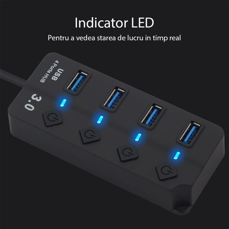 PC, gaming si accesorii - Retelistica - Hub-uri - Hub USB cu 4 porturi Techstar® HUBA0701, 1 x USB 3.0, 3 x USB 2.0, indicator LED pentru putere, comutator independent - Infinity.ro