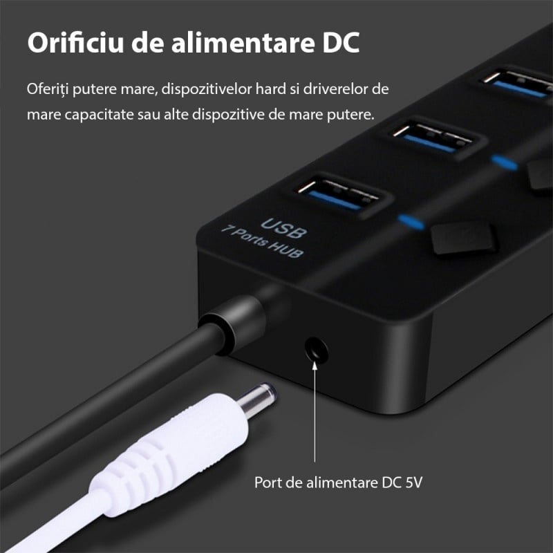 PC, gaming si accesorii - Retelistica - Hub-uri - Hub USB cu 7 porturi Techstar® HUBA2401, 7 x USB 2.0, indicator LED pentru putere, comutator independent, Negru - Infinity.ro