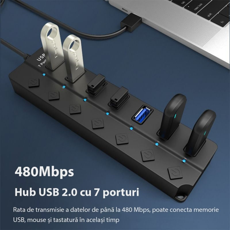 PC, gaming si accesorii - Retelistica - Hub-uri - Hub USB cu 7 porturi Techstar® HUBA2401, 7 x USB 2.0, indicator LED pentru putere, comutator independent, Negru - Infinity.ro