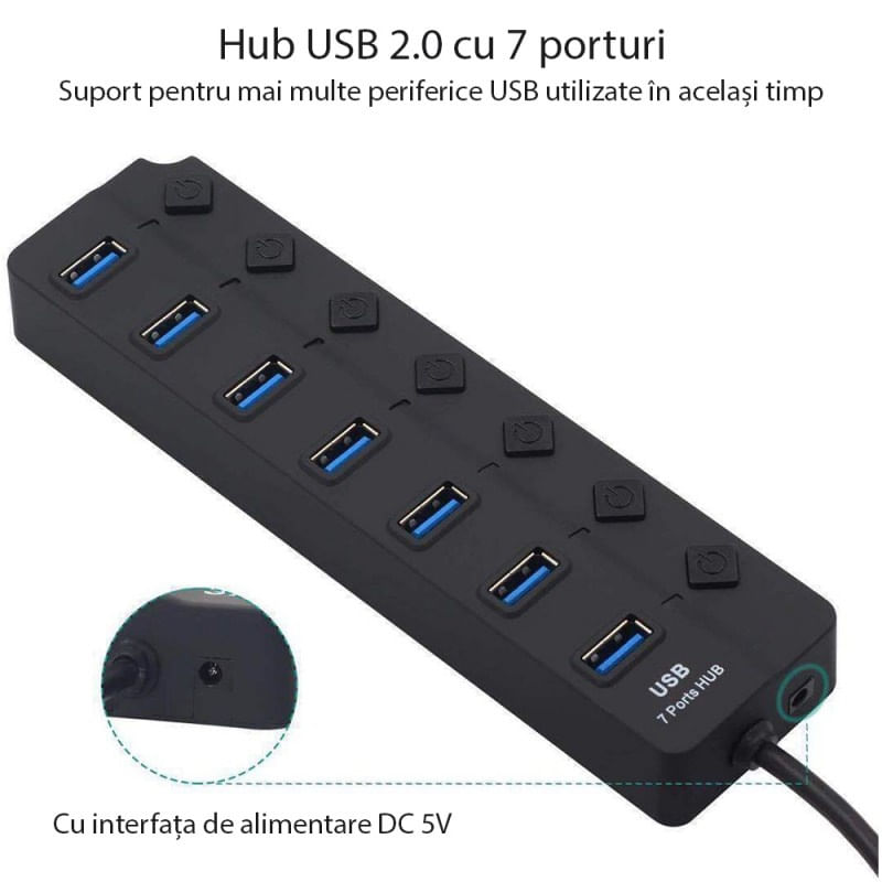 PC, gaming si accesorii - Retelistica - Hub-uri - Hub USB cu 7 porturi Techstar® HUBA2401, 7 x USB 2.0, indicator LED pentru putere, comutator independent, Negru - Infinity.ro