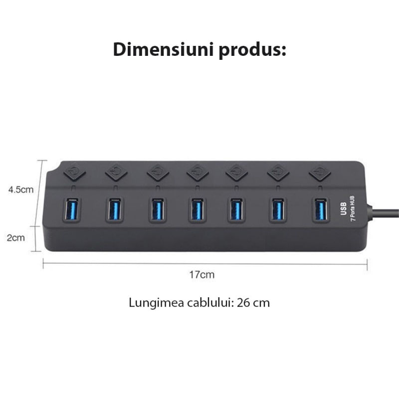 PC, gaming si accesorii - Retelistica - Hub-uri - Hub USB cu 7 porturi Techstar® HUBA2401, 7 x USB 2.0, indicator LED pentru putere, comutator independent, Negru - Infinity.ro