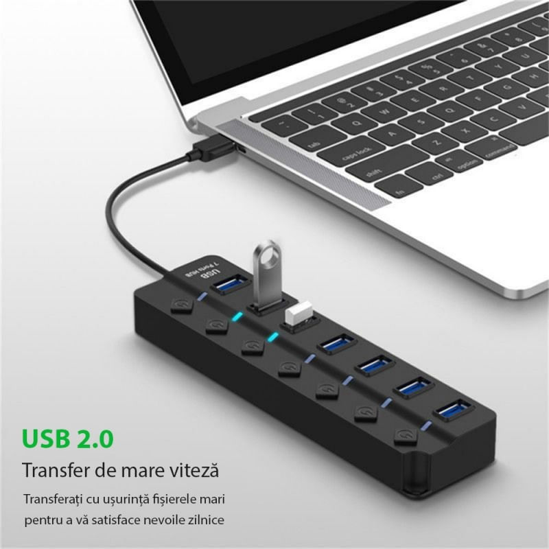 PC, gaming si accesorii - Retelistica - Hub-uri - Hub USB cu 7 porturi Techstar® HUBA2401, 7 x USB 2.0, indicator LED pentru putere, comutator independent, Negru - Infinity.ro