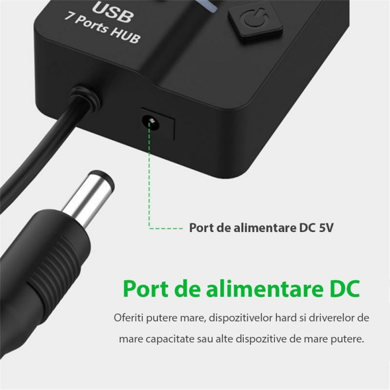 PC, gaming si accesorii - Retelistica - Hub-uri - Hub USB cu 7 porturi Techstar® HUBA2401, 7 x USB 2.0, indicator LED pentru putere, comutator independent, Negru - Infinity.ro