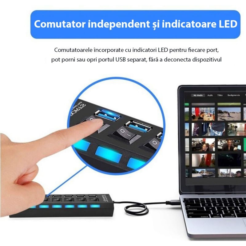 PC, gaming si accesorii - Retelistica - Hub-uri - Hub USB Cu 7 Porturi Techstar® HUBA55, 1 X USB 3.0, 6 X USB 2.0, Indicator LED Putere, Comutator Independent, PC - Infinity.ro