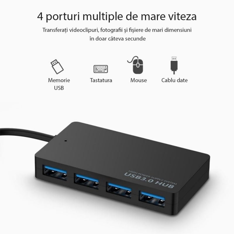 PC, gaming si accesorii - Retelistica - Hub-uri - Hub USB cu 4 porturi Techstar® HUBA0401, 1 x USB 3.0, 3 x USB 2.0, Transfer date de mare viteza 5Gbps, Negru - Infinity.ro