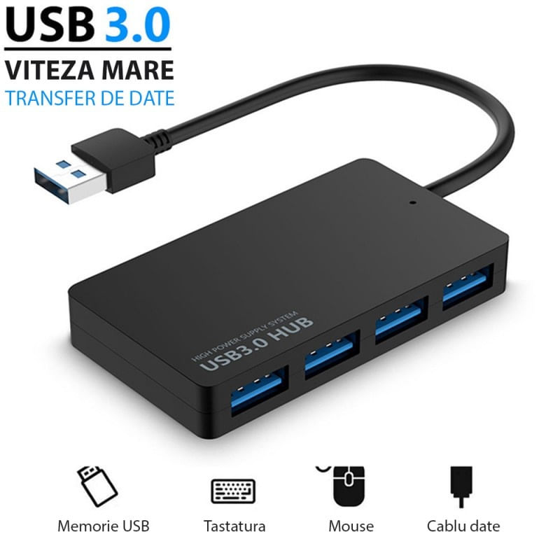 PC, gaming si accesorii - Retelistica - Hub-uri - Hub USB cu 4 porturi Techstar® HUBA0401, 1 x USB 3.0, 3 x USB 2.0, Transfer date de mare viteza 5Gbps, Negru - Infinity.ro