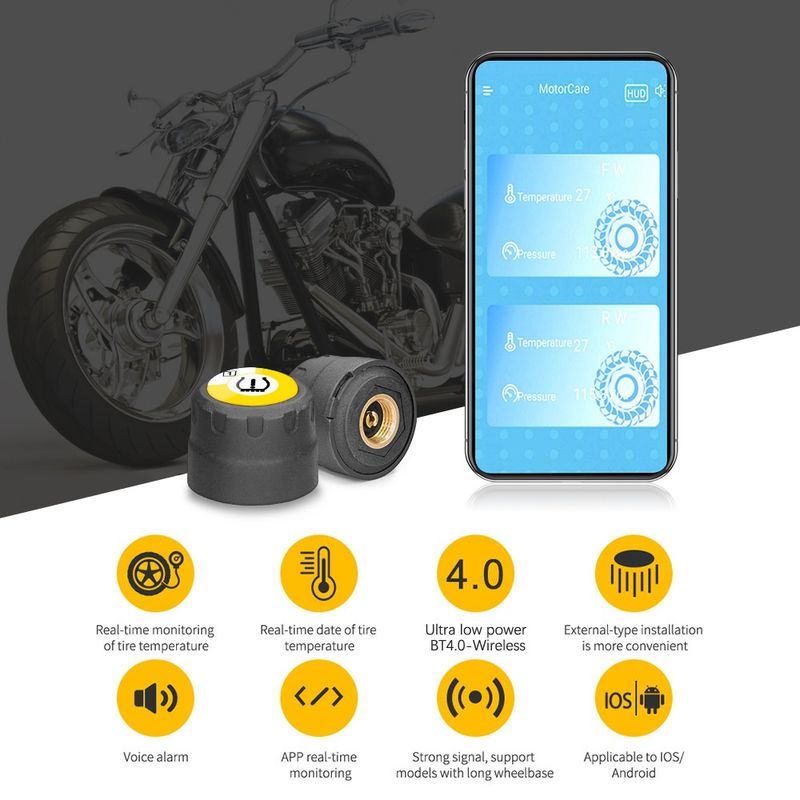 Auto si Moto - Anvelope si jante - Accesorii roti - Alte accesorii roti - Set Senzori Techstar® TPMS cu Bluetooth pentru Motociclete, Monitorizare a Presiunii in Anvelope, Compatibil Android - Infinity.ro