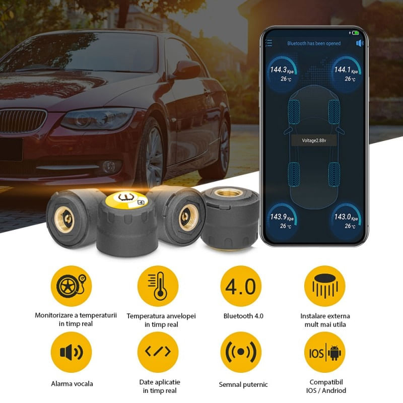 Auto si Moto - Anvelope si jante - Accesorii roti - Alte accesorii roti - Sistem de monitorizare a presiunii in anvelope, BLE TPMS Bluetooth 4.0 pentru iOS / Android, senzori externi 4 bucati - Infinity.ro