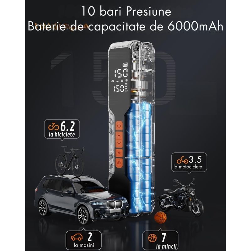 Auto si Moto - Reparatii si depanare - Compresoare auto - Compresor auto portabil Techstar LW-8018 cu afisaj digital LCD si lanterna LED, presiune maxima 10.3 bar (150 PSI) - Infinity.ro
