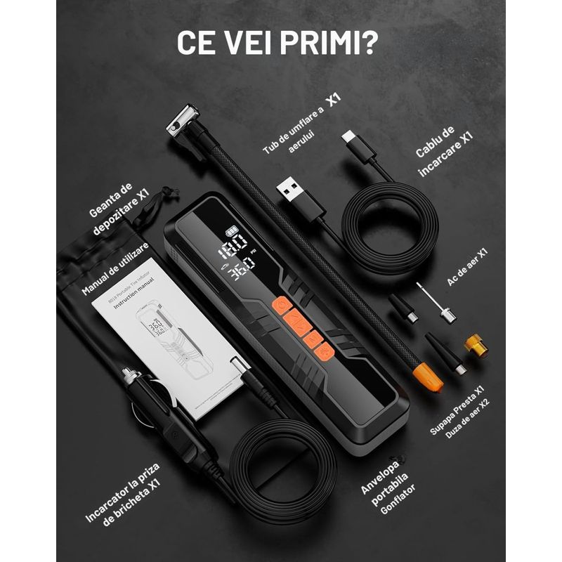 Auto si Moto - Reparatii si depanare - Compresoare auto - Compresor auto portabil Techstar LW-8018 cu afisaj digital LCD si lanterna LED, presiune maxima 10.3 bar (150 PSI) - Infinity.ro