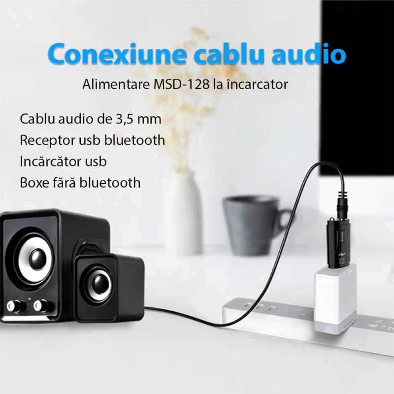 PC, gaming si accesorii - Retelistica - Wireless - Adaptoare wireless - Transmitator receptor auto Techstar® M128, Bluetooth 5.0, Port USB, AUX 3.5 mm, Conectare la sistemul audio auto, Negru - Infinity.ro