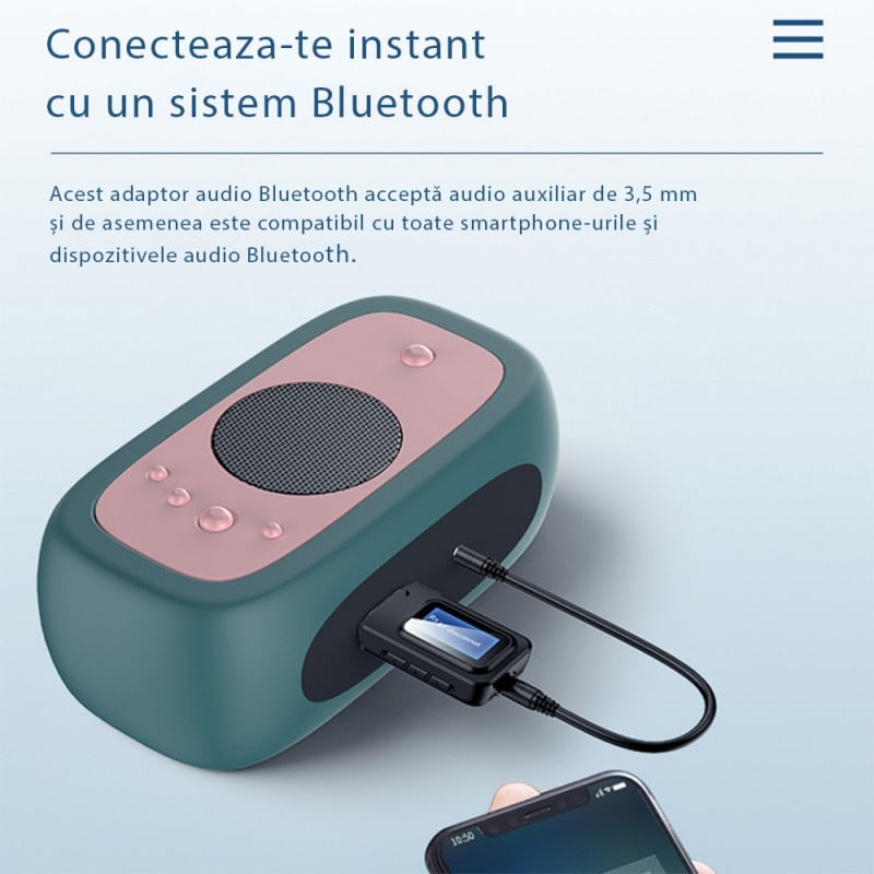 PC, gaming si accesorii - Retelistica - Wireless - Adaptoare wireless - Transmitator receptor audio 2 in 1 Techstar® OT07, Bluetooth 5.0, Afisaj LCD, Port USB, AUX 3.5 mm, Compatibil TV - Infinity.ro
