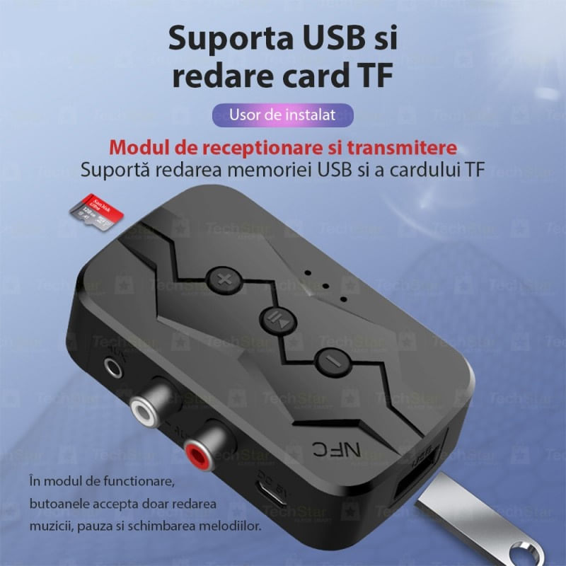 Auto si Moto - Electronice auto - Accesorii electronice auto - Adaptor Bluetooth Techstar® M23, transmitator si receptor pentru TV/PC/Sistem de sunet pentru casa, Jack 3.5mm, Micro - Infinity.ro