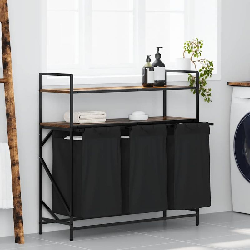 Market - Spalare si intretinere rufe - Uscatoare de rufe si accesorii - Cos de rufe 3 compartimente cu rafturi stejar fumuriu - Infinity.ro