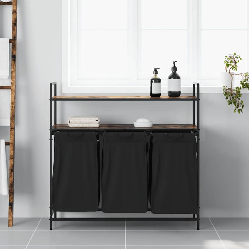 Market - Spalare si intretinere rufe - Uscatoare de rufe si accesorii - Cos de rufe 3 compartimente cu rafturi stejar fumuriu - Infinity.ro