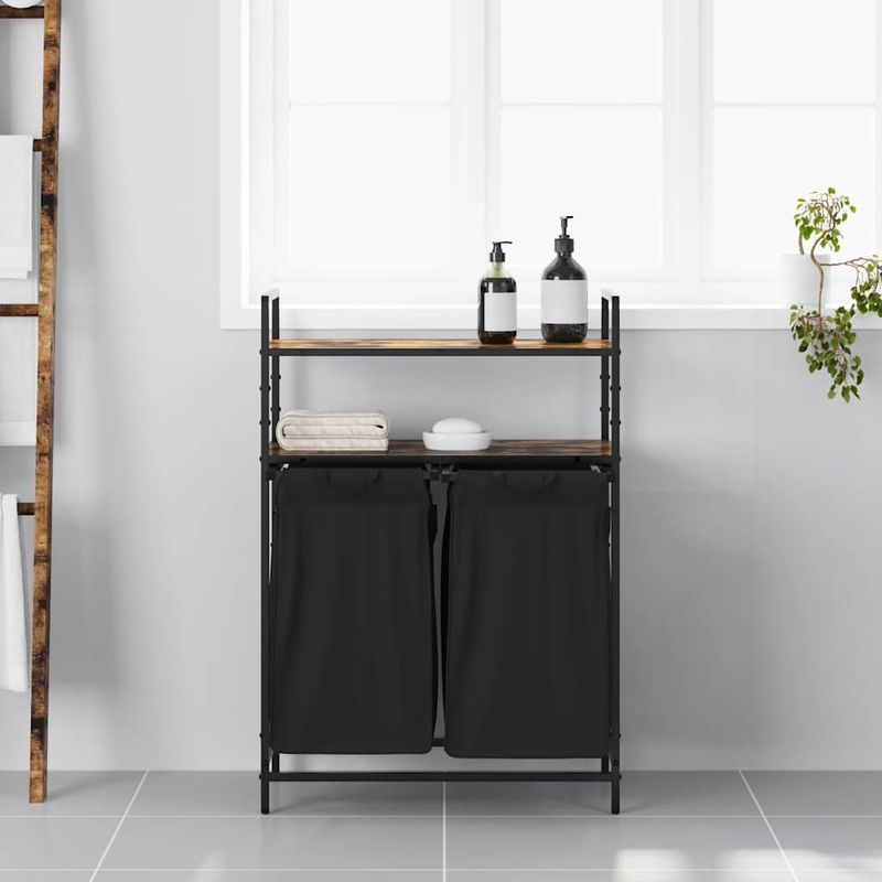 Market - Spalare si intretinere rufe - Uscatoare de rufe si accesorii - Cos de rufe 2 compartimente cu rafturi stejar fumuriu - Infinity.ro