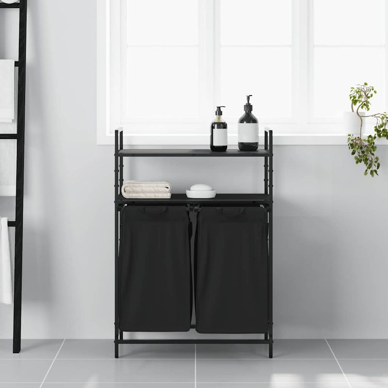Casa si Gradina - Sanitare - Suporturi si accesorii baie - Accesorii baie - Cos de rufe 2 compartimente cu rafturi stejar negru - Infinity.ro
