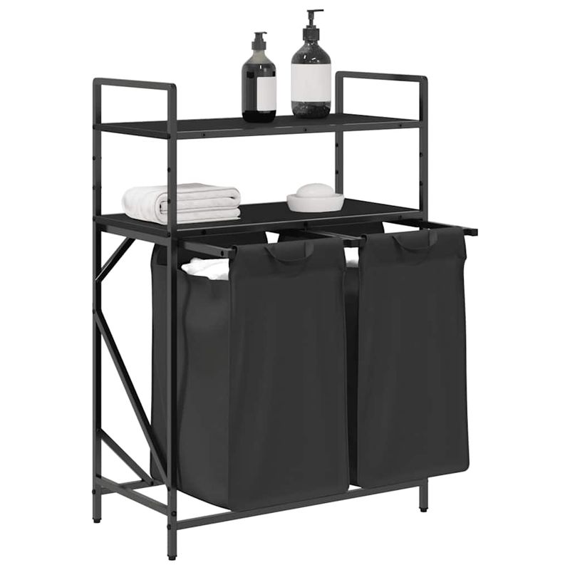 Casa si Gradina - Sanitare - Suporturi si accesorii baie - Accesorii baie - Cos de rufe 2 compartimente cu rafturi stejar negru - Infinity.ro