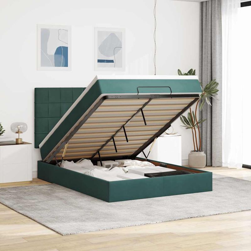 Casa si Gradina - Mobilier - Paturi si accesorii - Paturi - Cadru de pat otoman cu saltele, catifea verde inchis 140x190cm - Infinity.ro