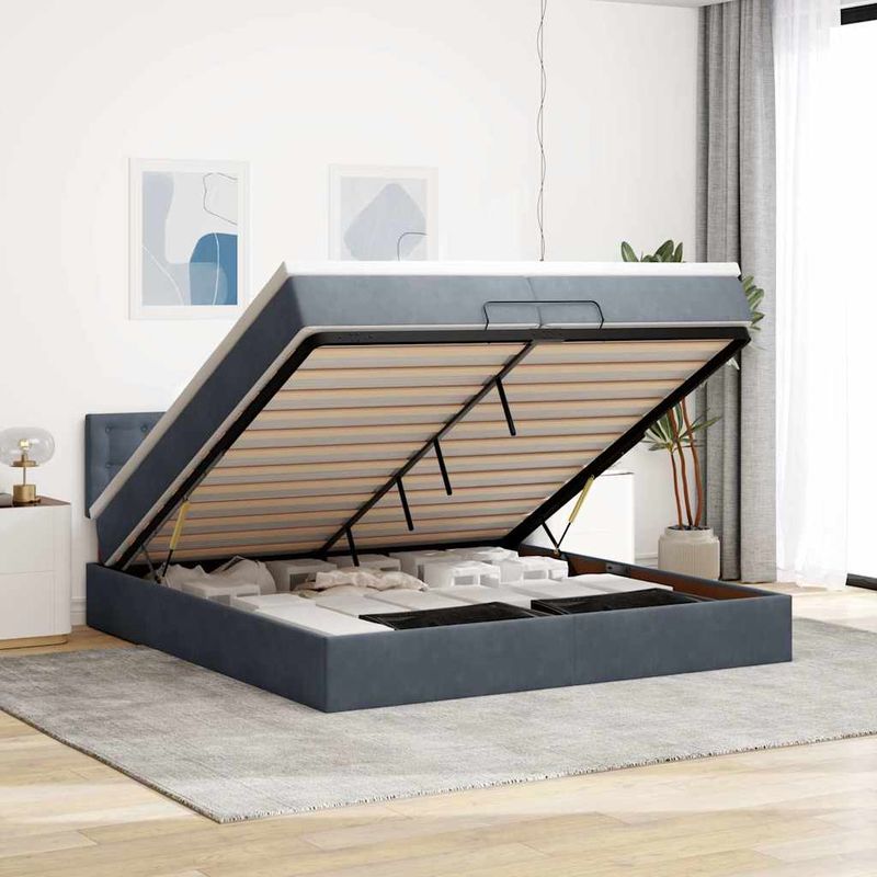 Casa si Gradina - Mobilier - Paturi si accesorii - Paturi - Cadru de pat otoman cu saltea gri inchis 200x200 cm catifea, model nasturi - Infinity.ro