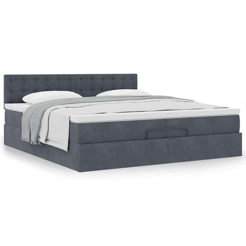 Casa si Gradina - Mobilier - Paturi si accesorii - Paturi - Cadru de pat otoman cu saltea gri inchis 200x200 cm catifea, model nasturi - Infinity.ro