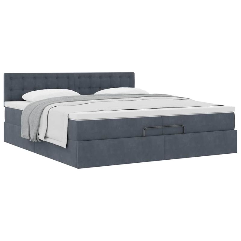 Casa si Gradina - Mobilier - Paturi si accesorii - Paturi - Cadru de pat otoman cu saltea gri inchis 200x200 cm catifea, model nasturi - Infinity.ro
