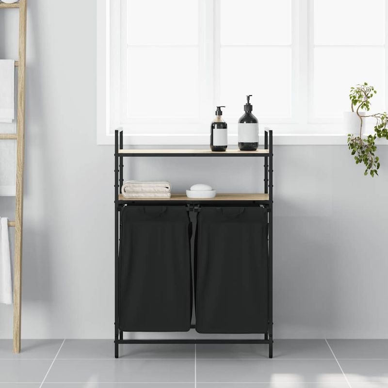 Casa si Gradina - Sanitare - Suporturi si accesorii baie - Accesorii baie - Cos de rufe 2 compartimente cu rafturi stejar sonoma - Infinity.ro