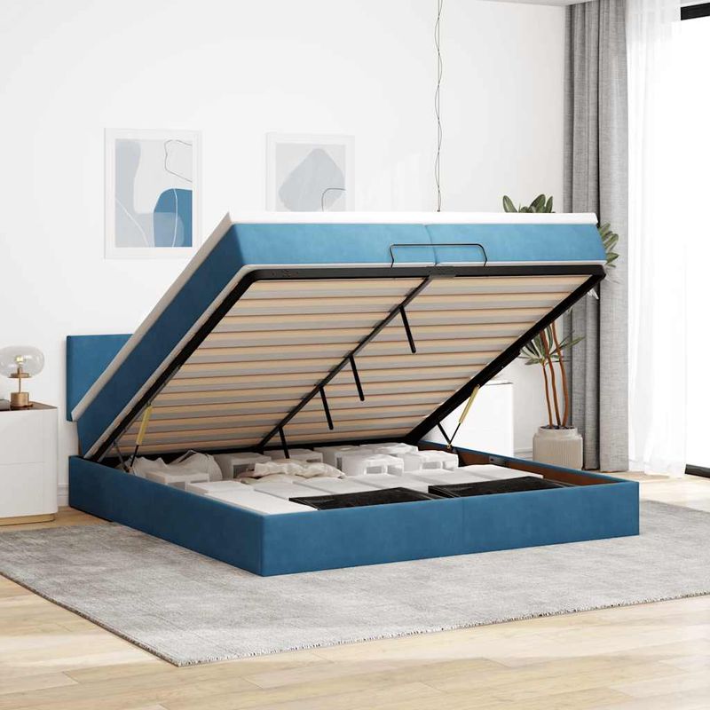 Casa si Gradina - Mobilier - Paturi si accesorii - Paturi - Cadru de pat otoman cu saltea albastru inchis 200x200cm catifea, model design simplu - Infinity.ro