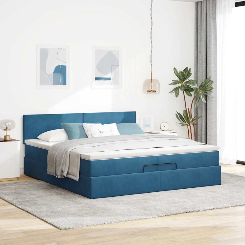 Casa si Gradina - Mobilier - Paturi si accesorii - Paturi - Cadru de pat otoman cu saltea albastru inchis 200x200cm catifea, model design simplu - Infinity.ro