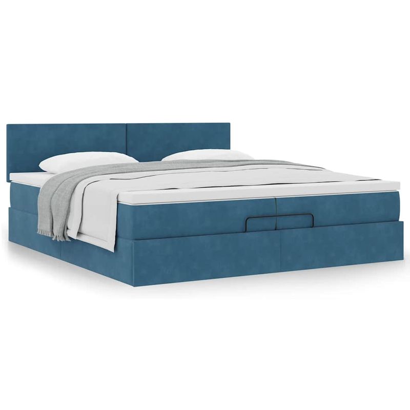 Casa si Gradina - Mobilier - Paturi si accesorii - Paturi - Cadru de pat otoman cu saltea albastru inchis 200x200cm catifea, model design simplu - Infinity.ro