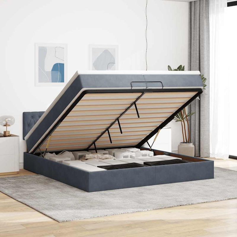 Casa si Gradina - Mobilier - Paturi si accesorii - Paturi - Cadru de pat otoman cu saltea gri inchis 200x200 cm catifea, model design cu nasturi - Infinity.ro