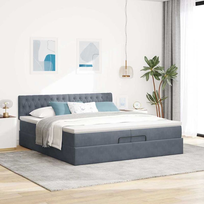 Casa si Gradina - Mobilier - Paturi si accesorii - Paturi - Cadru de pat otoman cu saltea gri inchis 200x200 cm catifea, model design cu nasturi - Infinity.ro