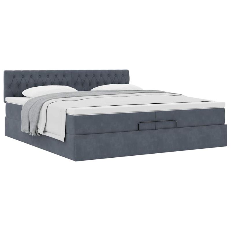 Casa si Gradina - Mobilier - Paturi si accesorii - Paturi - Cadru de pat otoman cu saltea gri inchis 200x200 cm catifea, model design cu nasturi - Infinity.ro