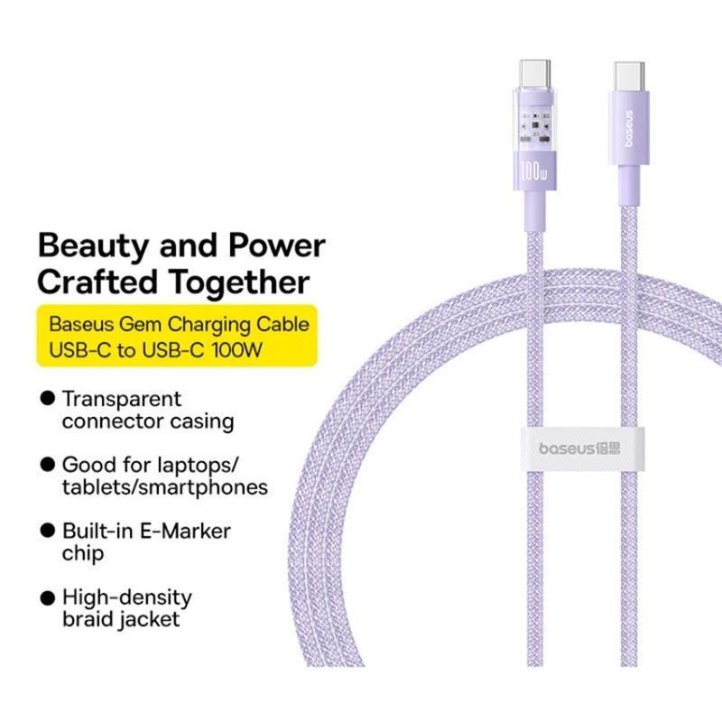 Laptop, Telefoane si Tablete - Telefoane mobile si accesorii - Accesorii Telefoane - Cabluri si adaptoare telefoane - Cablu USB-C la Type-C, Super Fast Charging 100W, 1m - Baseus Gem (P10373000511-00) - Mov - Infinity.ro