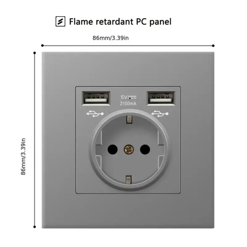 Casa si Gradina - Electrice - Prize - Priza de Perete cu 2 Porturi USB Techstar® TS-PC, 110-250V, 16A, Ignifuga, 86x86mm, Gri - Infinity.ro