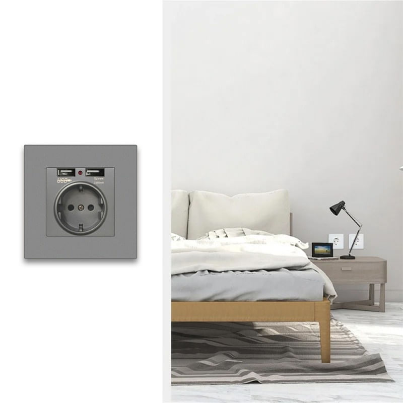 Casa si Gradina - Electrice - Prize - Priza de Perete cu 2 Porturi USB Techstar® TS-PC, 110-250V, 16A, Ignifuga, 86x86mm, Gri - Infinity.ro