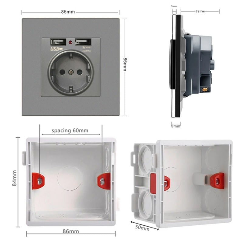 Casa si Gradina - Electrice - Prize - Priza de Perete cu 2 Porturi USB Techstar® TS-PC, 110-250V, 16A, Ignifuga, 86x86mm, Gri - Infinity.ro