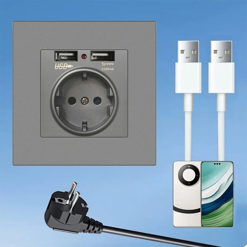 Casa si Gradina - Electrice - Prize - Priza de Perete cu 2 Porturi USB Techstar® TS-PC, 110-250V, 16A, Ignifuga, 86x86mm, Gri - Infinity.ro