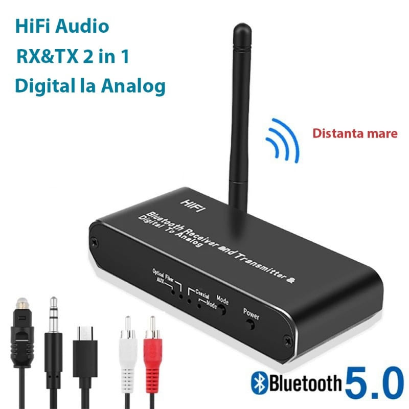 PC, gaming si accesorii - Retelistica - Wireless - Adaptoare wireless - Convertor Audio Digital la Analog Techstar® OT15, Compatibil Bluetooth 5.0, DC 5V, AUX 3.5 mm, Cablu audio optic, RCA - Infinity.ro
