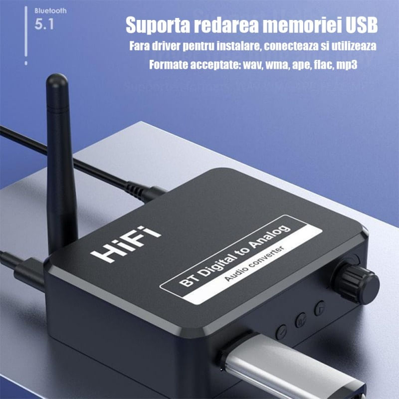 PC, gaming si accesorii - Retelistica - Wireless - Antene retelistica si accesorii - Convertor Audio Digital la Analog Techstar® OT13, Compatibil Bluetooth 5.1, USB, AUX 3.5 mm, Cablu audio optic, RCA - Infinity.ro