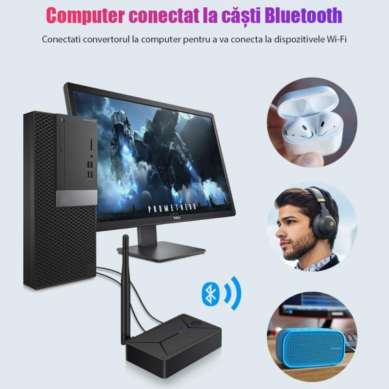 PC, gaming si accesorii - Retelistica - Wireless - Antene retelistica si accesorii - Convertor Audio Digital la Analog Techstar® OT14, Compatibil Bluetooth 5.0, DC 5V, AUX 3.5 mm, Cablu audio optic, RCA - Infinity.ro