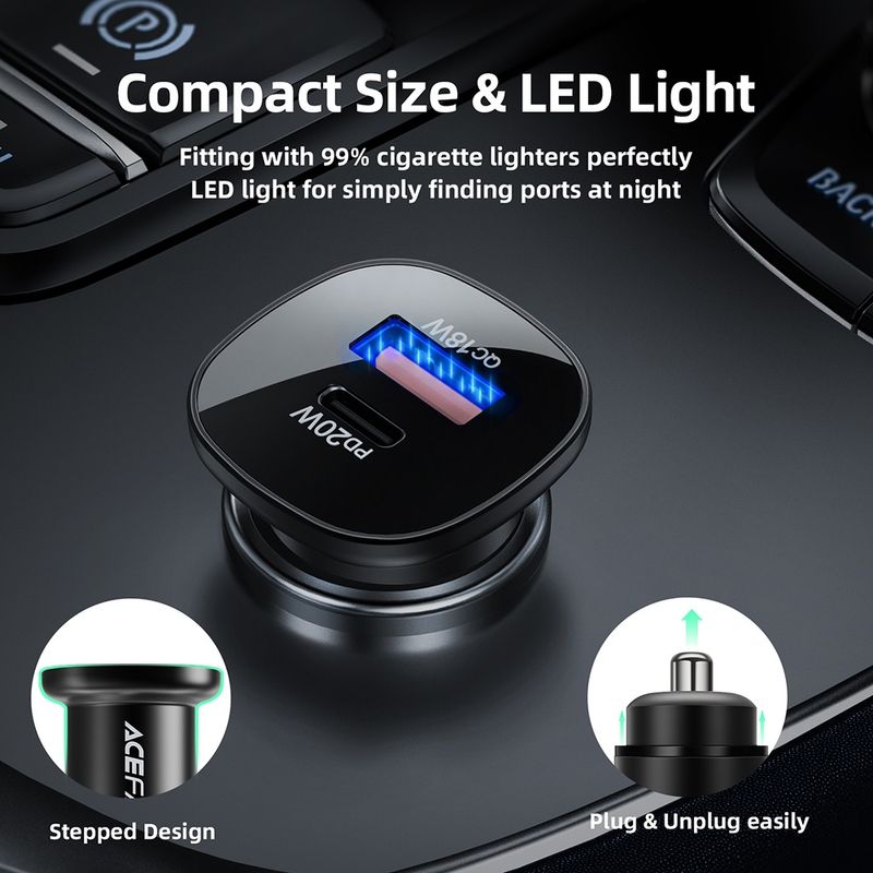 Laptop, Telefoane si Tablete - Telefoane mobile si accesorii - Accesorii Telefoane - Incarcatoare telefoane - Incarcator Auto Type-C, USB, 38W, Dual-Port, Fast Charging, Lumina LED - Acefast (B1) - Negru - Infinity.ro