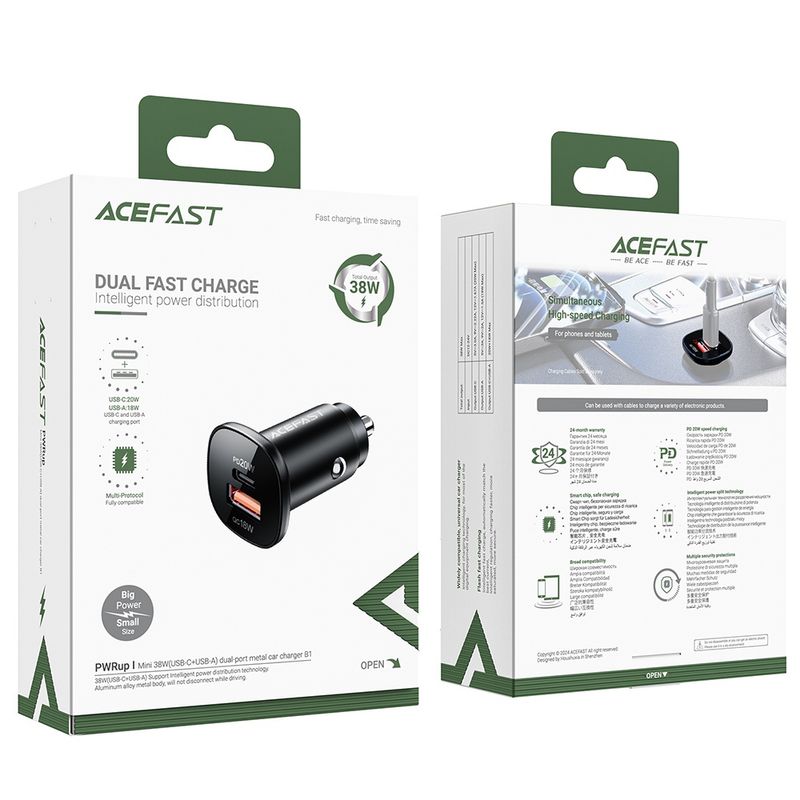 Laptop, Telefoane si Tablete - Telefoane mobile si accesorii - Accesorii Telefoane - Incarcatoare telefoane - Incarcator Auto Type-C, USB, 38W, Dual-Port, Fast Charging, Lumina LED - Acefast (B1) - Negru - Infinity.ro